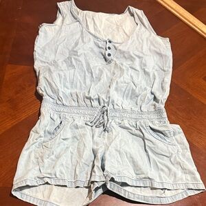 Light Blue Women's chambray Denim Romper with pockets